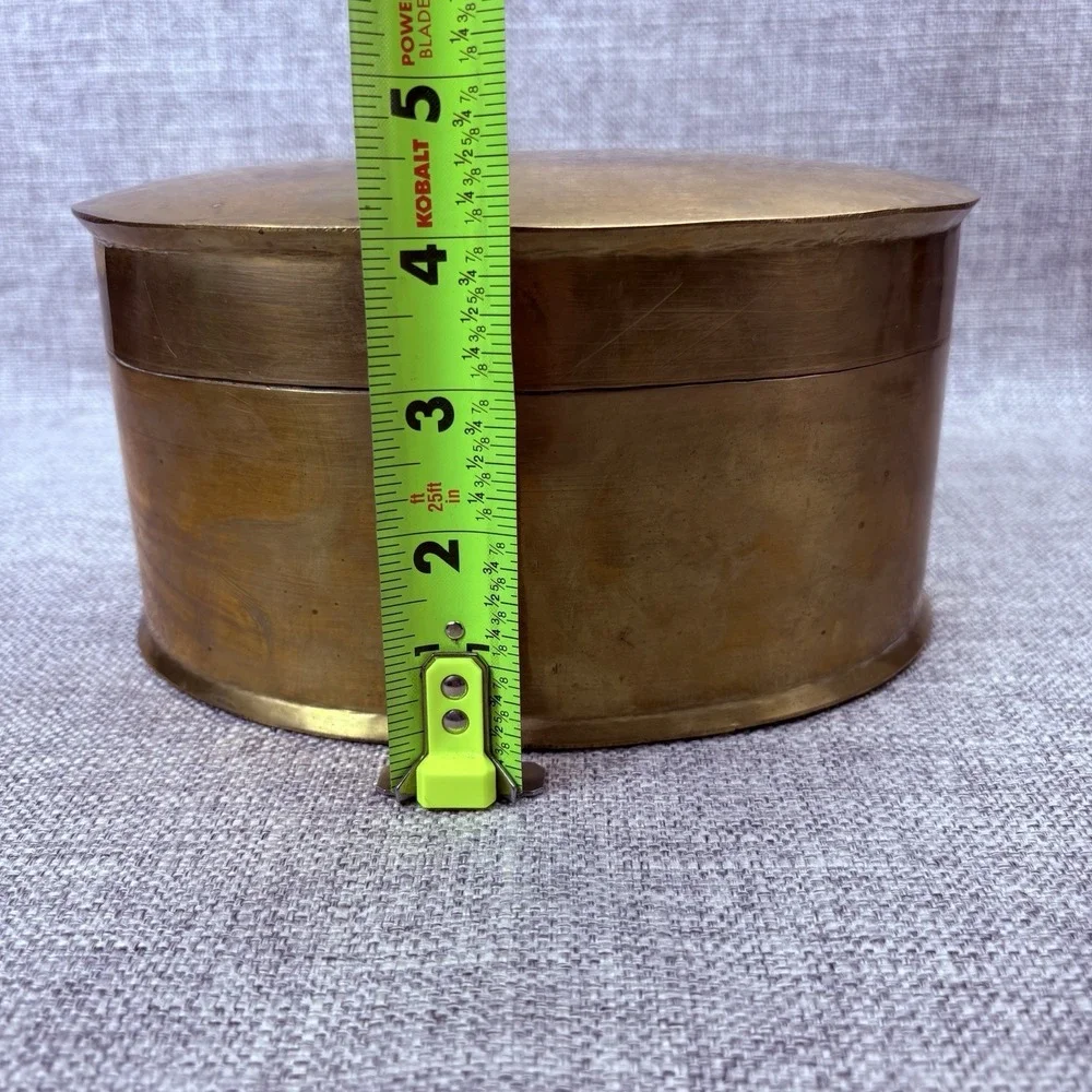 Vintage Solid Brass Oval Storage Box Large Hinged Lid Felt Bottom Gold Decor 8in